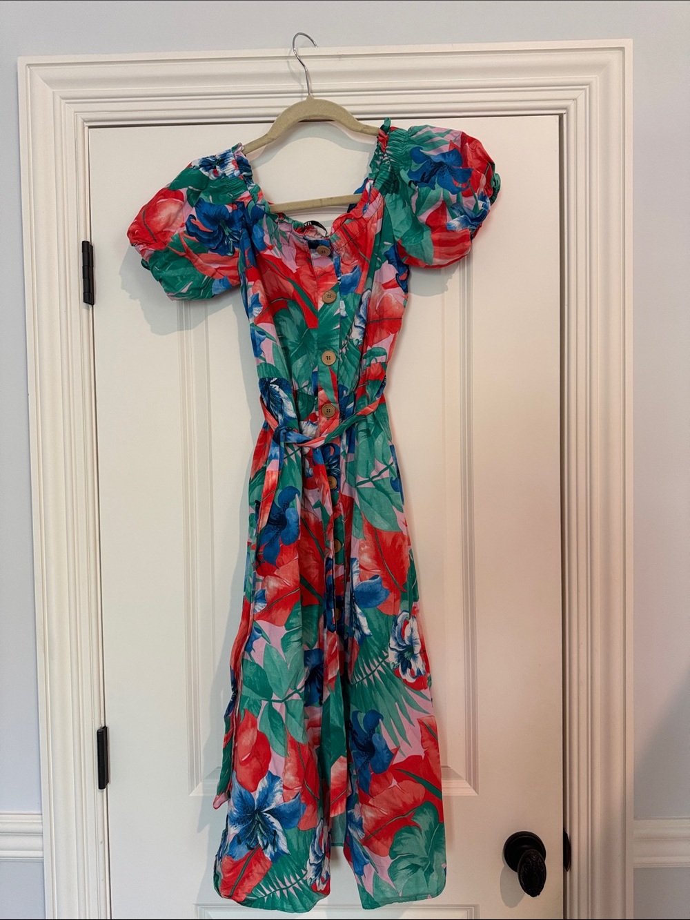 Zara Red Green Blue Floral Puff-Sleeve Midi Dress